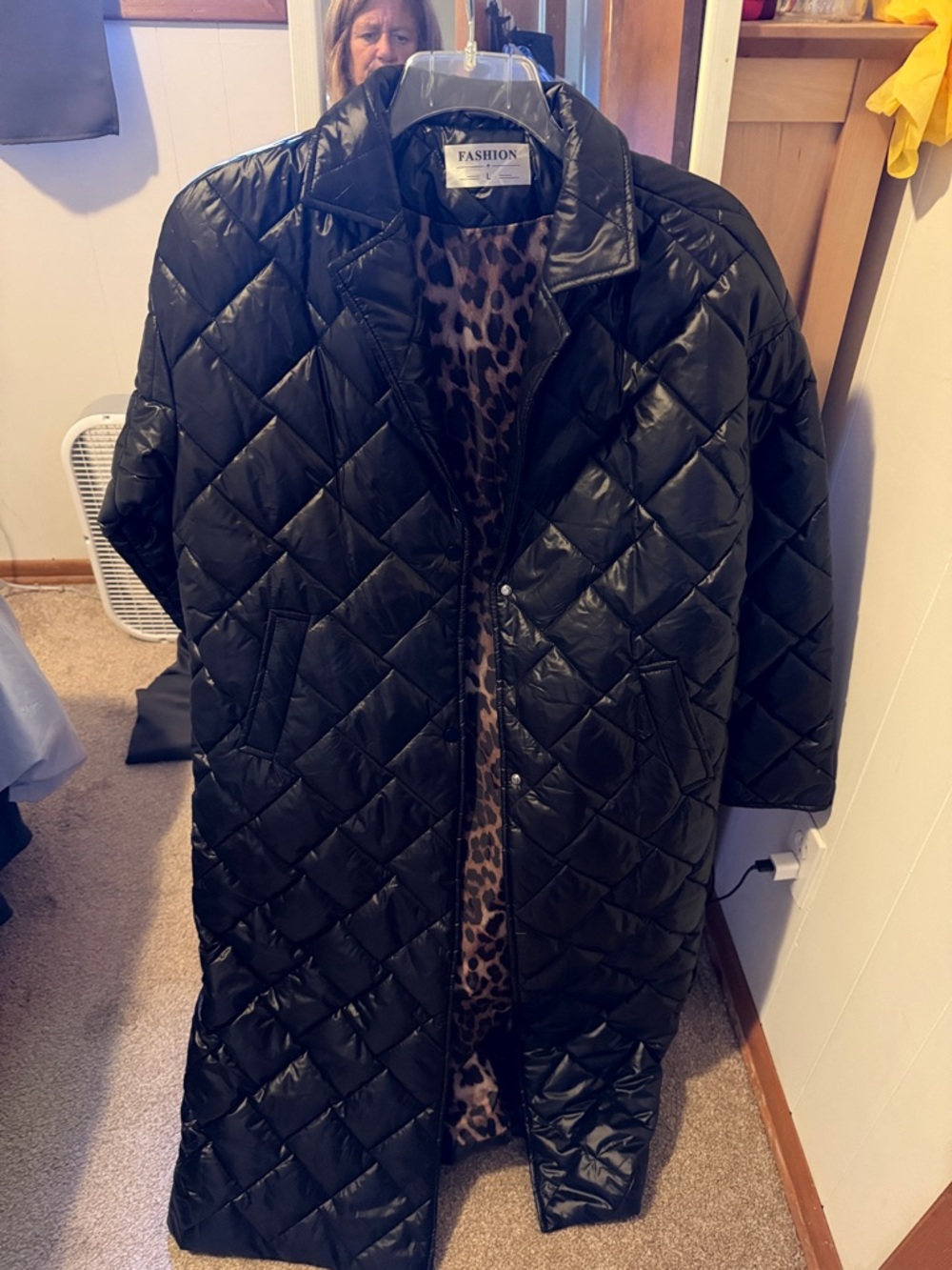 Black Quilted Long Puffer Coat with Leopard Lining